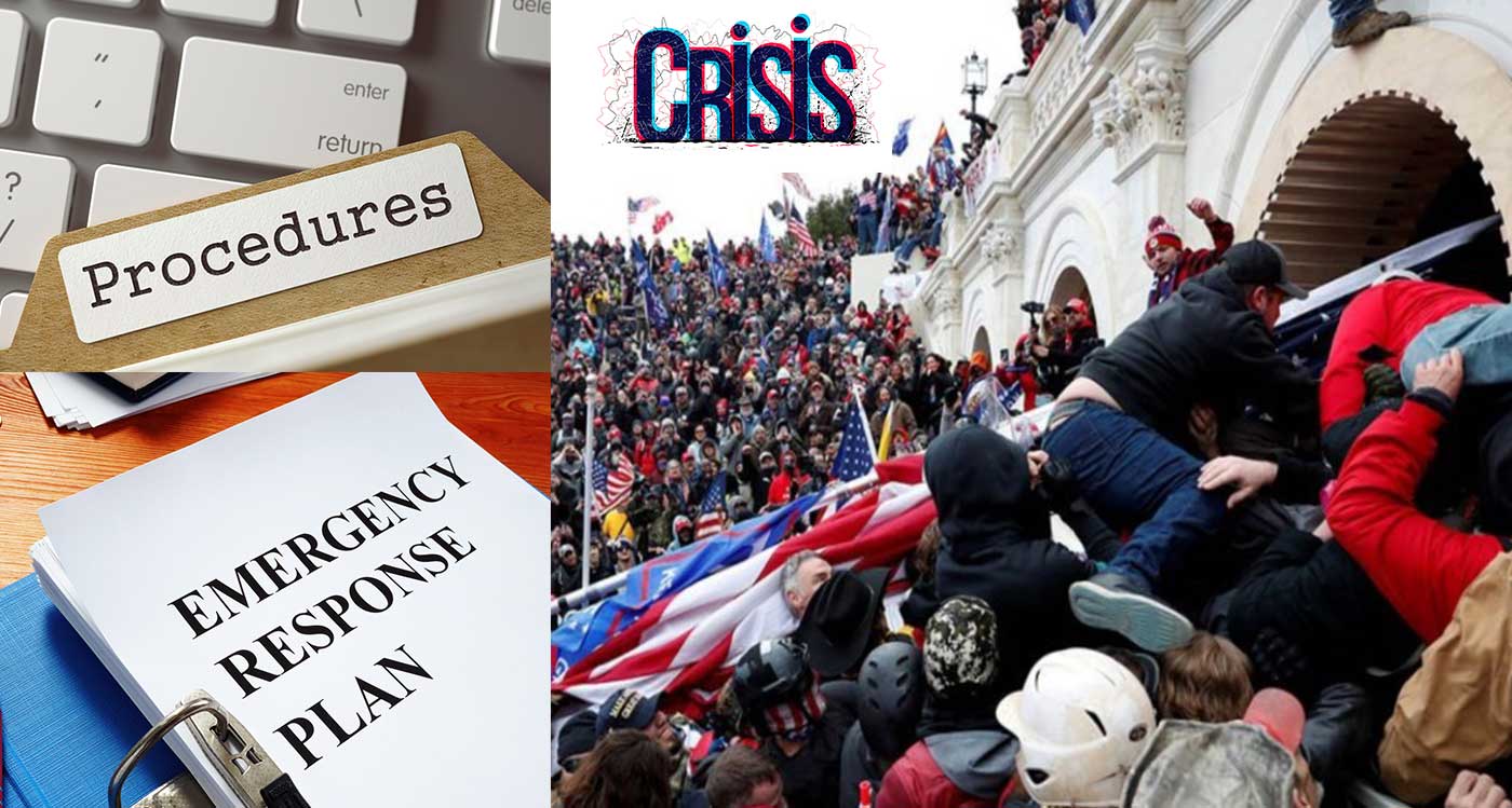 emergency response plan on clipboard and photo of the January 6th insurrection violence